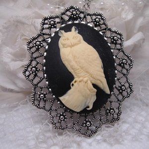 Horned Owl Bird Cameo Necklace Silver or Gold Pin